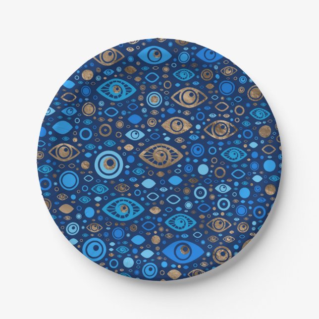 Greek Evil Eye pattern Blues and Gold Paper Plate (Front)