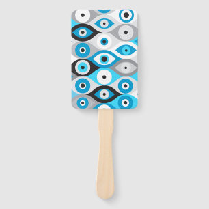 Greek Evil Eye pattern Blues and Greys Hand Fan