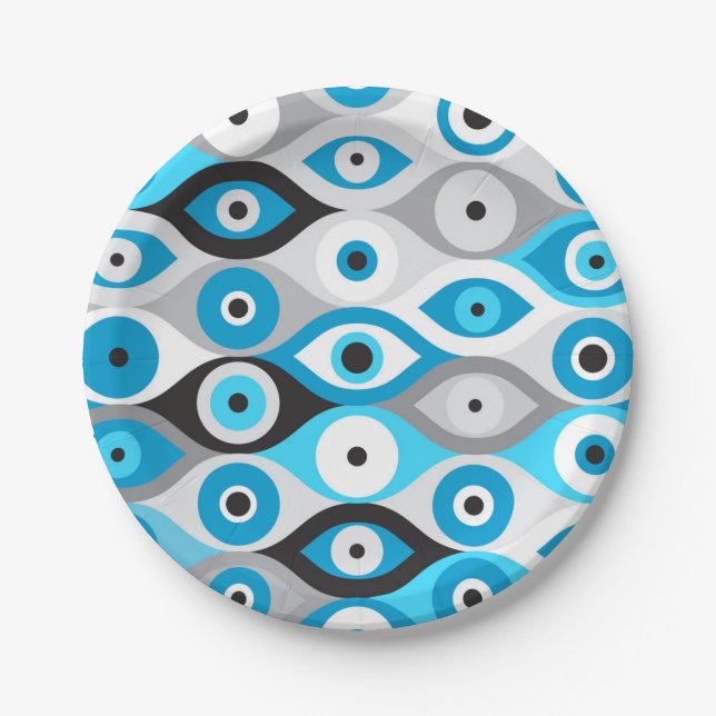 Greek Evil Eye pattern Blues and Greys Paper Plate (Front)