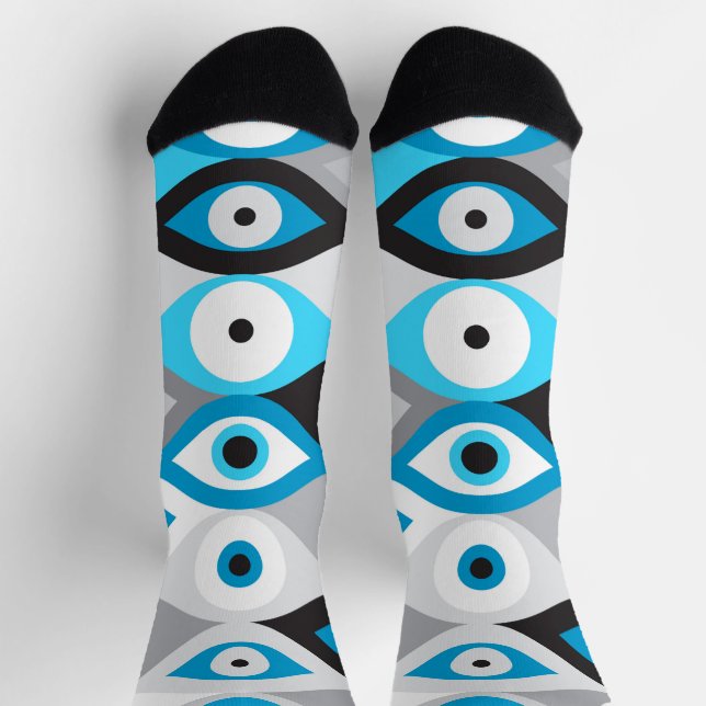 Greek Evil Eye pattern Blues and Greys Socks (Top)