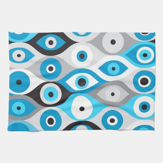 Greek Evil Eye pattern Blues and Greys Tea Towel (Horizontal)