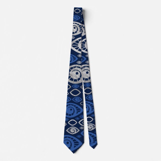 Greek Evil Eye pattern Blues and Silver #1 Tie (Front)