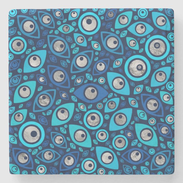 Greek Evil Eye pattern Blues and Silver #2 Stone Coaster (Front)