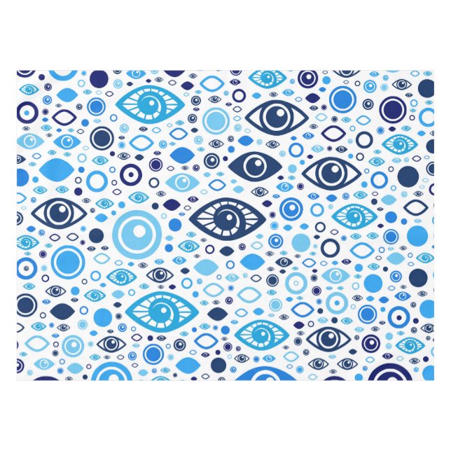 Greek Evil Eye pattern Blues and white Tablecloth (Front (Horizontal))