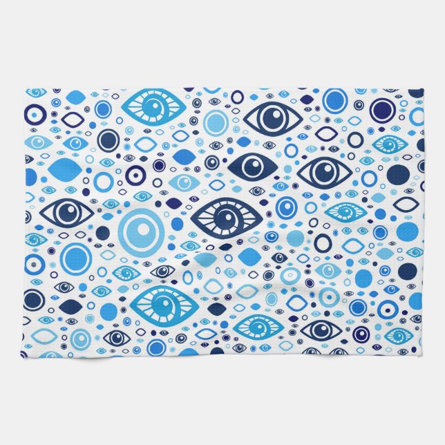 Greek Evil Eye pattern Blues and white Tea Towel (Horizontal)
