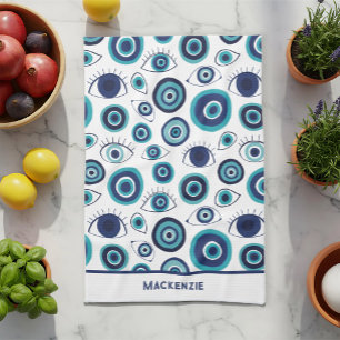Greek Evil Eye Pattern Custom Blue White  Tea Towel
