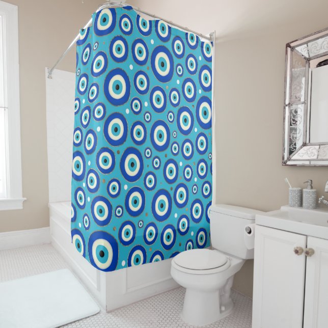 Greek Evil Eye pattern with golden accents Shower Curtain (In Situ)