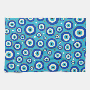 Greek Evil Eye pattern with golden accents Tea Towel