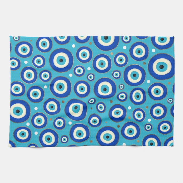 Greek Evil Eye pattern with golden accents Tea Towel (Horizontal)