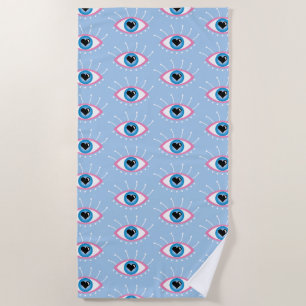 Greek Evil Eye With Eyelashes Pink Blue  Beach Towel