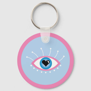 Greek Evil Eye With Eyelashes Pink Blue  Key Ring
