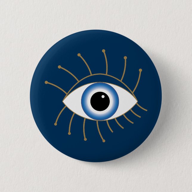Greek Evil Eye With Lashes Blue White Gold 6 Cm Round Badge (Front)