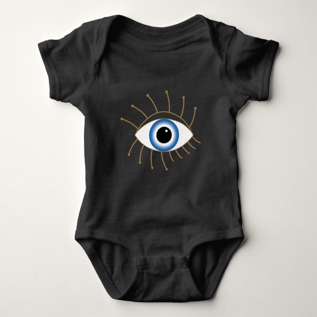 Greek Evil Eye With Lashes Blue White Gold Baby Bodysuit (Front)