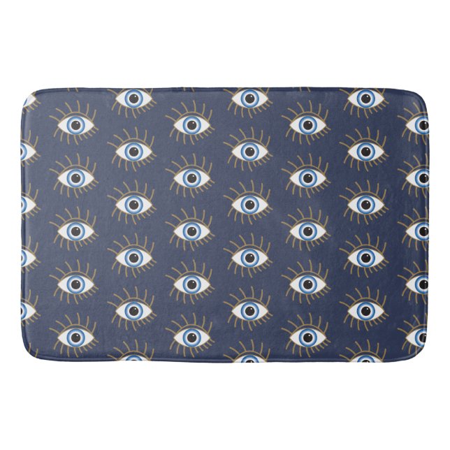 Greek Evil Eye With Lashes Blue White Gold Bath Mat (Front)