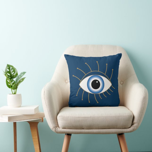 Greek Evil Eye With Lashes Blue White Gold Cushion (Chair)