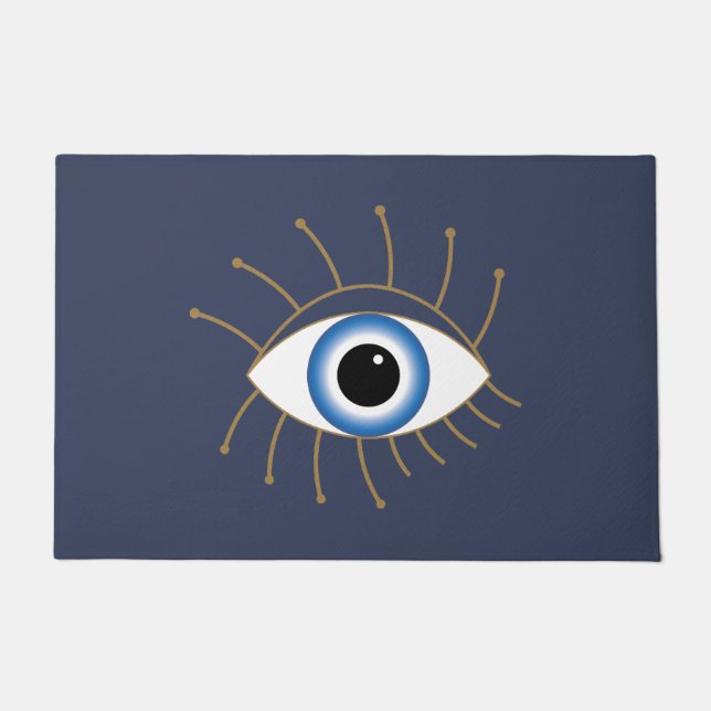 Greek Evil Eye With Lashes Blue White Gold Doormat (Front)