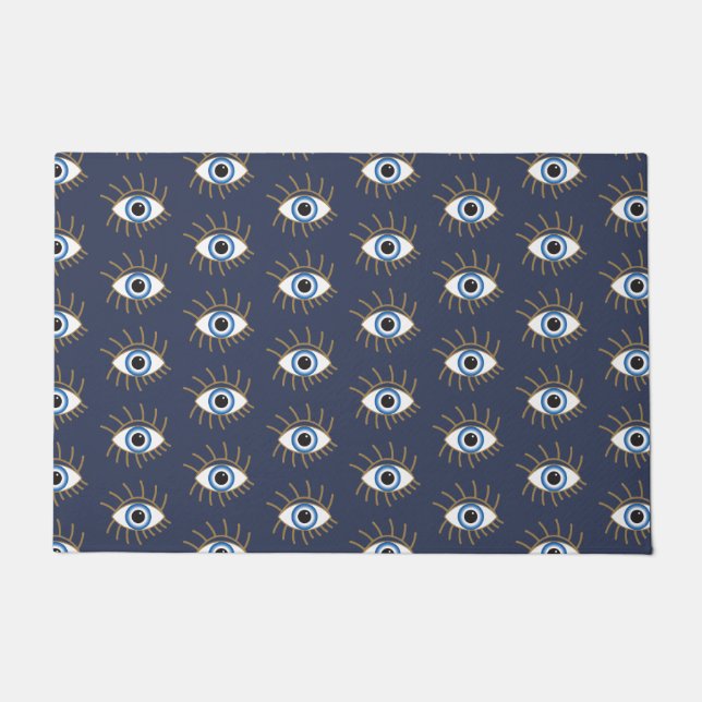 Greek Evil Eye With Lashes Blue White Gold Doormat (Front)