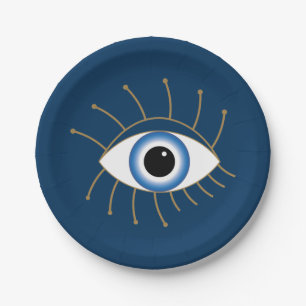 Greek Evil Eye With Lashes Blue White Gold Paper Plate