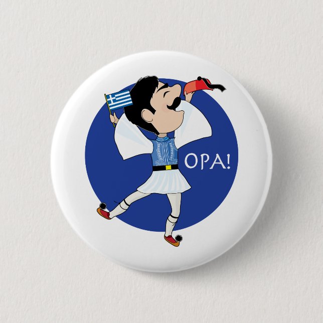 Greek Evzone dancing with Flag OPA! 6 Cm Round Badge (Front)