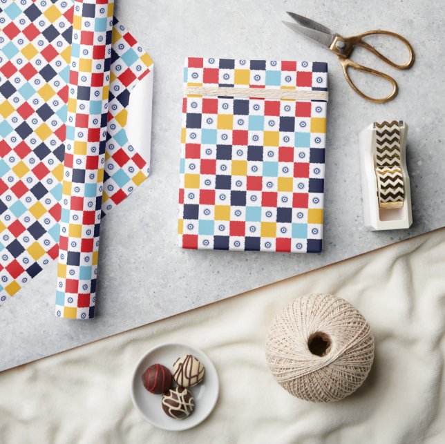 Greek Eye Colorful Squares Pattern Wrapping Paper (Crafts)