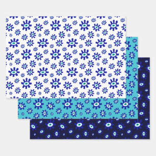 Greek Eye Symbol Blue and White Pattern Wrapping Paper Sheet