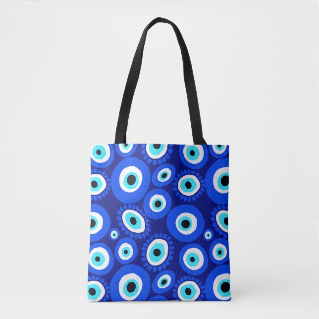 Greek Eye Symbol Blue White Pattern Tote Bag (Front)