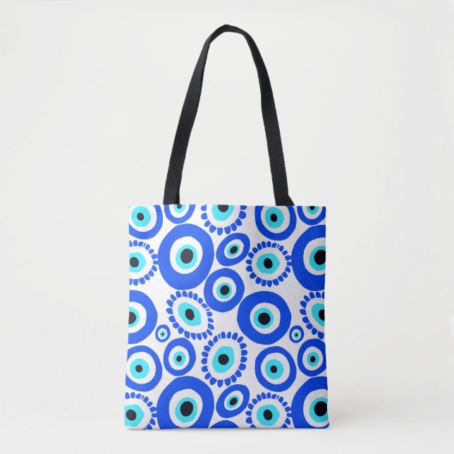 Greek Eye Talisman Blue White Pattern Tote Bag (Front)