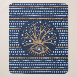 Greek Eye Tree - Mati Mataki gold and dark blue Sherpa Blanket