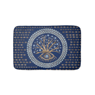 Greek Eye Tree - Mati Mataki - Matiasma on blue Bath Mat