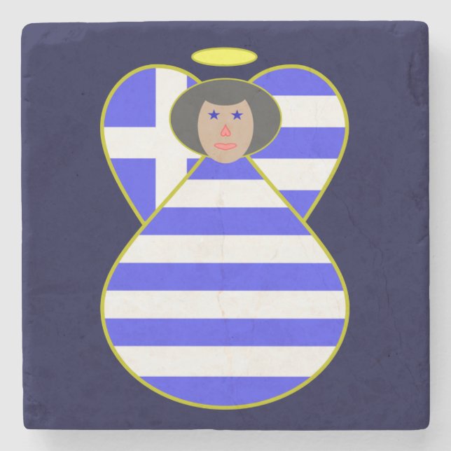 Greek Flag Angel Black Hair Stone Coaster (Front)