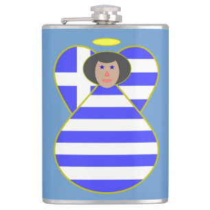 Greek Flag Angel with Black Hair Hip Flask
