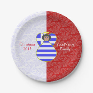 Greek Flag Angel with Black Hair Paper Plate