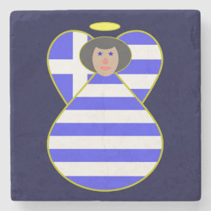 Greek Flag Angel with Black Hair Stone Coaster