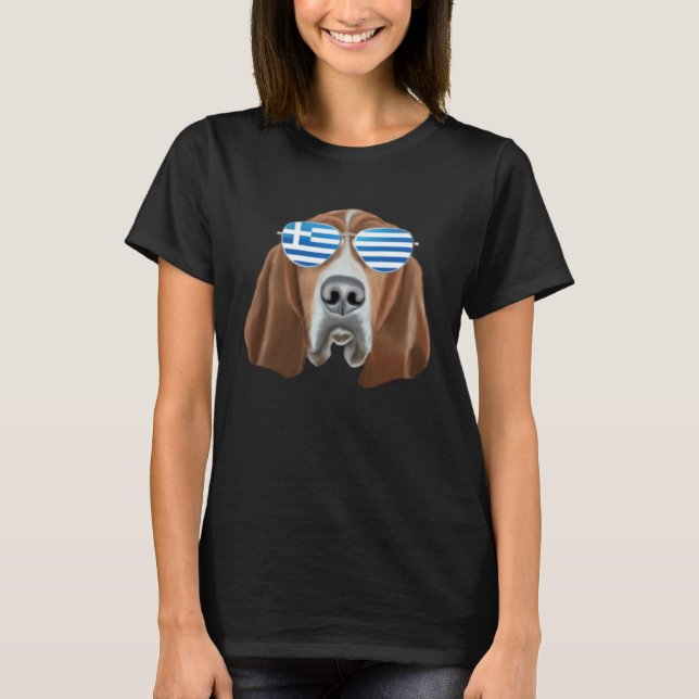Greek Flag Basset Hound Dog Greece Pocket T-Shirt (Front)