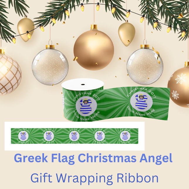 Greek Flag Black Hair Christmas Angel Personalised Grosgrain Ribbon (Creator Uploaded)
