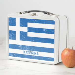 Greek Flag Distressed Look School Custom Name Metal Lunch Box
