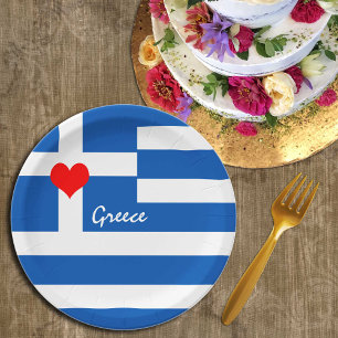 Greek flag & Heart - Greece travel/sports fans Paper Plate