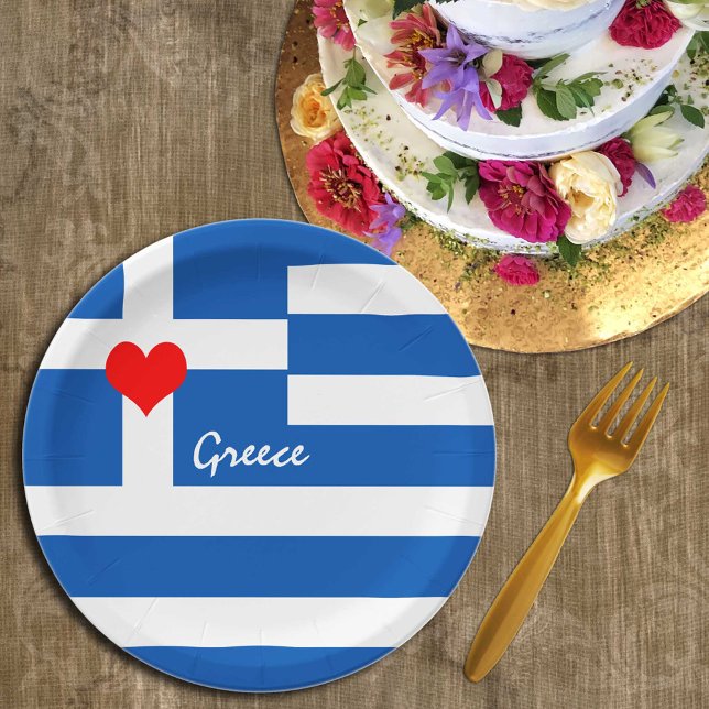 Greek flag & Heart - Greece travel/sports fans Paper Plate (Creator Uploaded)