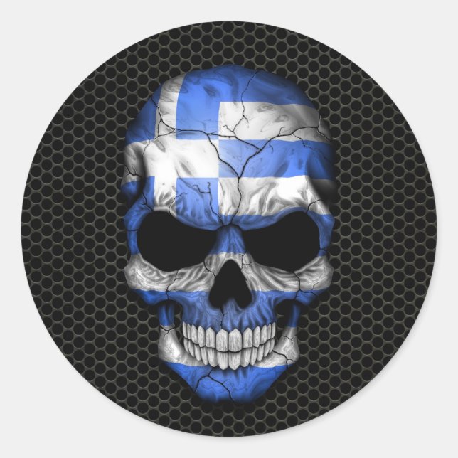 Greek Flag Skull on Steel Mesh Graphic Classic Round Sticker (Front)