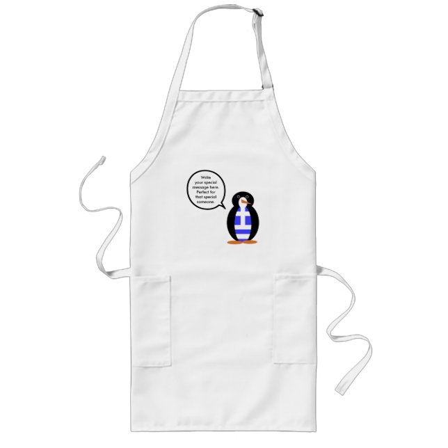 Greek Flag Talking Mr Penguin Long Apron (Front)