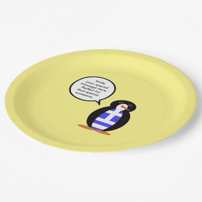 Greek Flag Talking Ms Penguin Personalised Paper Plate (Angled)