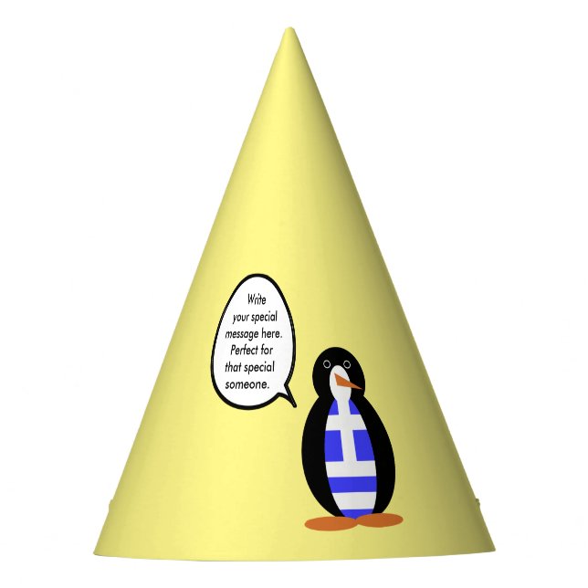 Greek Flag Talking Ms Penguin Personalised Party Hat (Front)