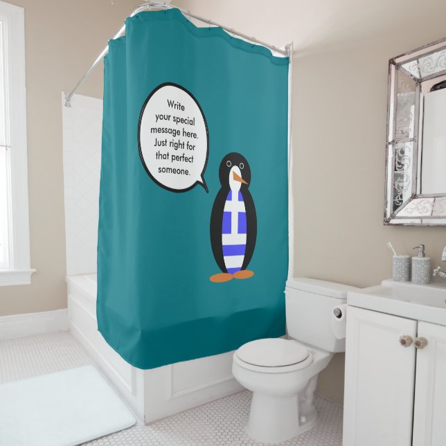Greek Flag Talking Ms Penguin Personalised Shower Curtain (In Situ)