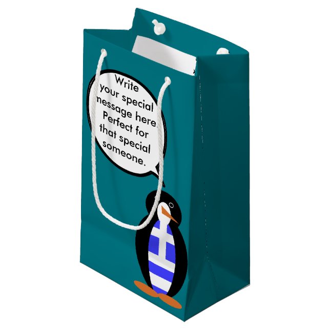 Greek Flag Talking Ms Penguin Personalised Small Gift Bag (Front Angled)