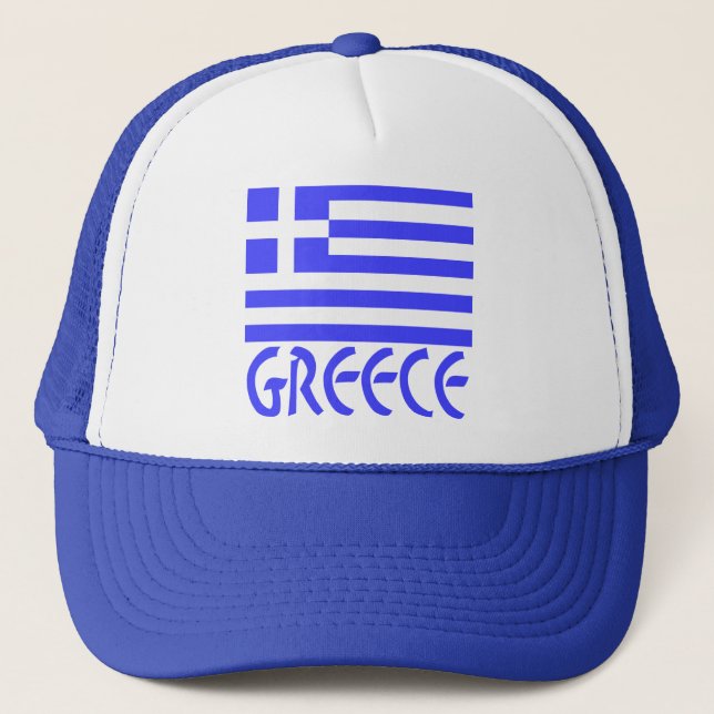 Greek Flag with Word Greece Below in Blue Text Trucker Hat (Front)
