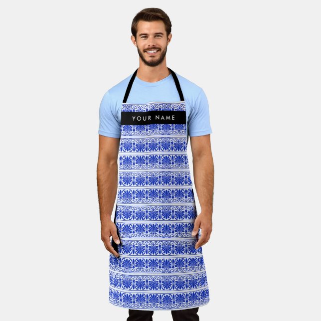 Greek Fret Arabesque Blue, Your Name, Personalise Apron (Worn)