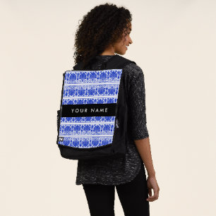 Greek Fret Arabesque Blue, Your Name, Personalise Backpack