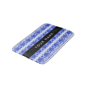 Greek Fret Arabesque Blue, Your Name, Personalise Bath Mat