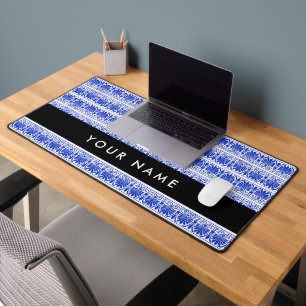 Greek Fret Arabesque Blue, Your Name, Personalise Desk Mat