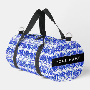 Greek Fret Arabesque Blue, Your Name, Personalise Duffle Bag